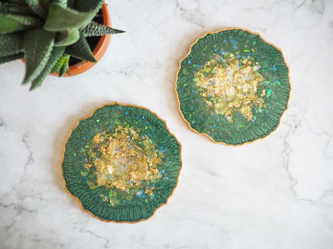 Emerald Green Geode Resin Coasters, Emerald Geode Coaster Set, Emerald
