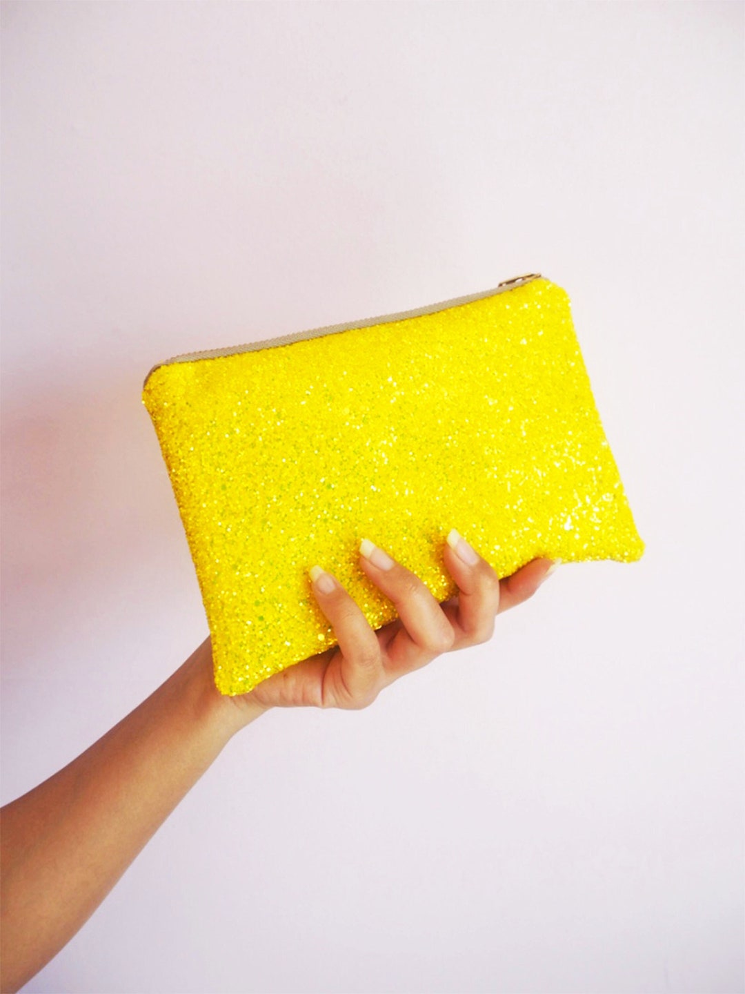 Yellow Glitter Makeup Bag, Sparkly Yellow Cosmetic Bag, Sparkly Glitter