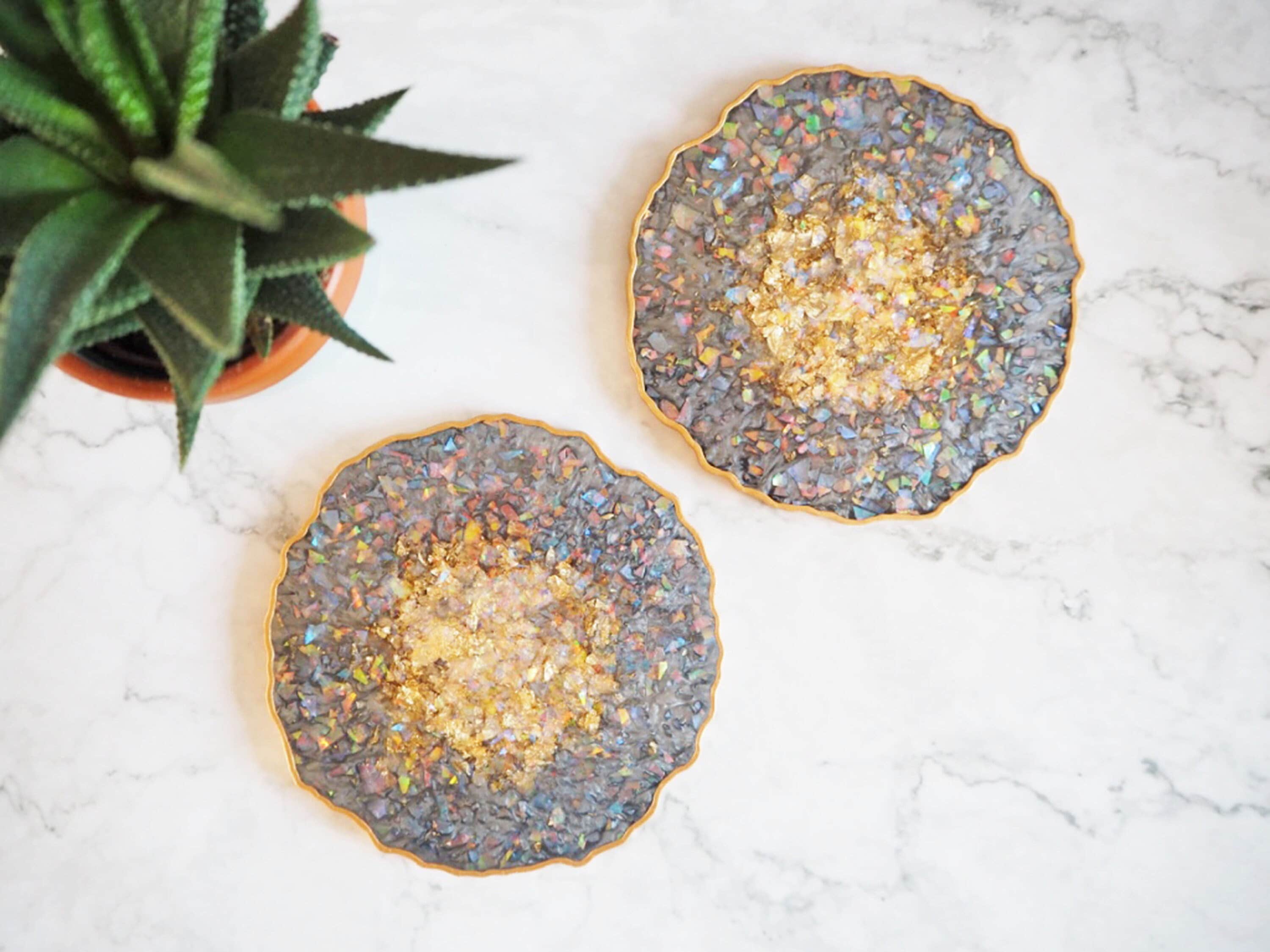Handmade Resin Coasters. Super Sparkly Purple And Holographic Glitter. Set  Of 4.