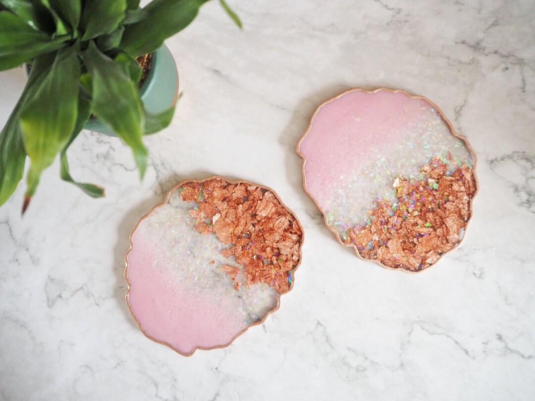 Rose Gold Coaster Set, Sparkly Iridescent Coasters, Blush Pink Home