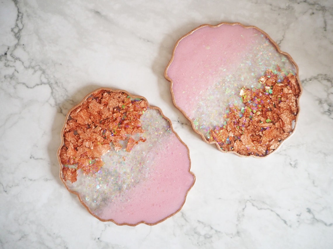 Rose Gold Coaster Set Sparkly Iridescent Coasters Blush Pink Etsy