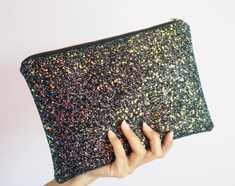Black Iridescent Glitter Clutch Bag, Sparkly Black Iridescent Evening Bag, Black Glitter Wedding Bag, Sparkly Black Clutch Bag,