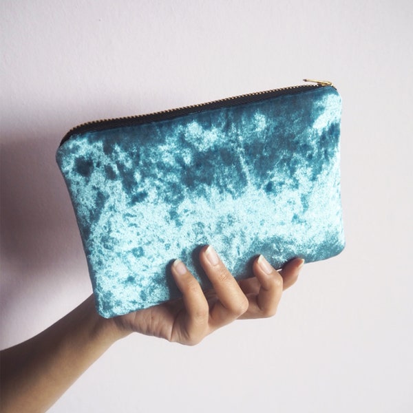 Blue Velvet Makeup Bag, Blue Velvet Cosmetic Bag, Blue Crushed Velvet Bag, Blue Velvet Toiletry Bag, Velvet Zip Pouch In Blue,