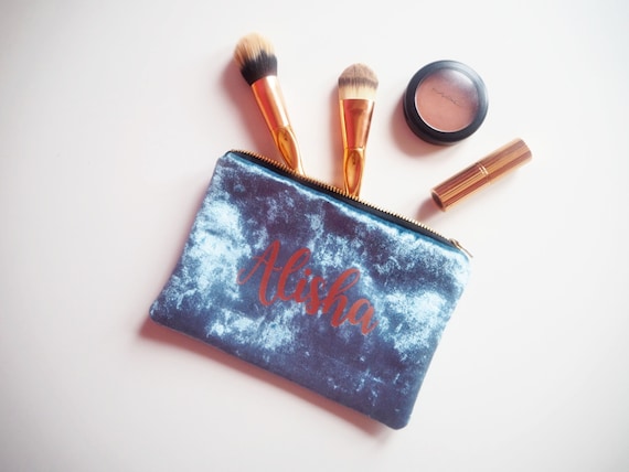 Personalised Velvet Makeup Bag Personalised Makeup Bag Custom Blue Velvet Travel Pouch Blue Crushed Velvet Makeup Bag Etsy