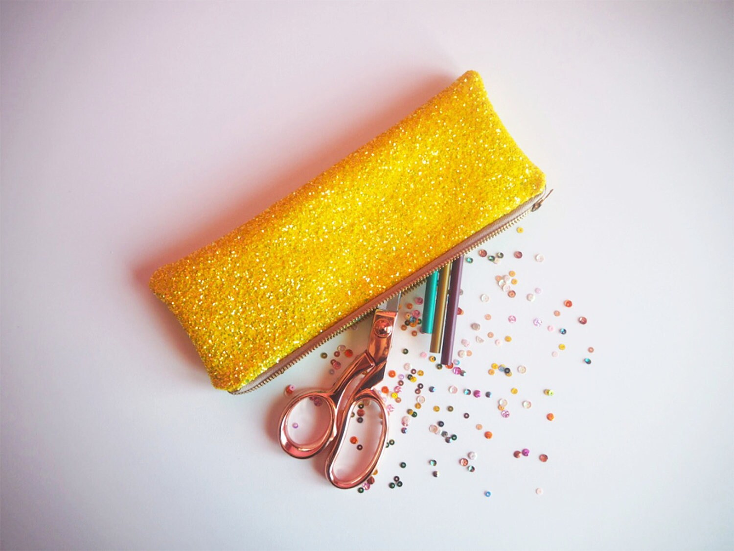 Étui à Crayons Paillettes Jaunes Jaunes, Étui Fermeture Éclair Jaune Vif, Papeterie Jaune, Paillette