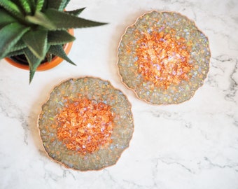 Olive Green Geode Coasters, Olive Green Resin Coasters, Gifts For New Home, Rose Gold Geode Coasters, Iridescent Rose Gold Coasters