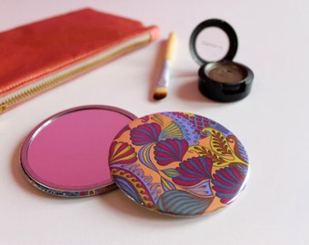 Tropical Print Pocket Mirror, Colourful Pocket Mirror, Patterned Travel Mirror, Peach Compact Mirror, Colourful Mirror,