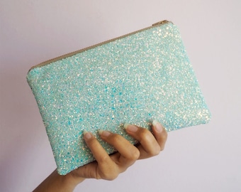 Pale Blue Glitter Makeup Bag, Lagoon Blue Glitter Cosmetic Bag, Sparkly Blue Pouch, Sparkly Pale Blue Makeup Bag, Glitter Clutch Bag