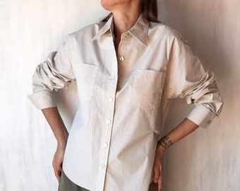 S-M. Vintage 100% cotton roll up sleeve safari high quality blouse, thick fabric shirt for women.