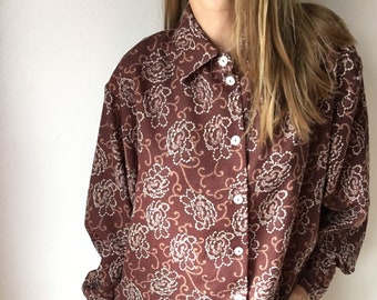 Vintage printed oversized long blouse for women, shirt dress.