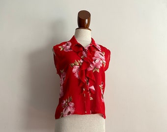 Vintage jabot blouse, sleeveless floral print blouse. 90's.