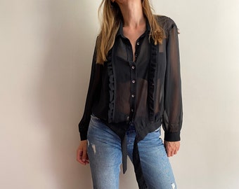 Vintage black mesh blouse, sheer tie waist blouse, Size M.