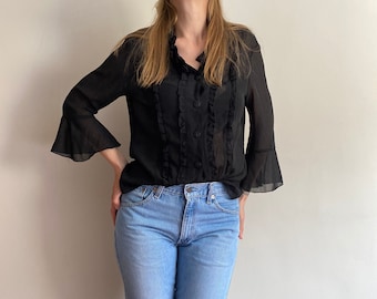Vintage zwarte blouse met ruches, jabotblouse.