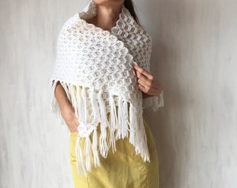 Vintage handmade fringe white poncho, triangle big shawl.