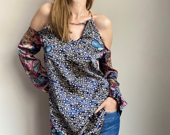 Open arms prited silky blouse, off shoulders long sleeve top for woman, size S-M.