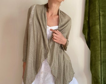 Vintage linen cardigan, gold cape, buttonless asymmetrical thin cardigan.