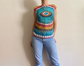 Handmade colorful crochet knit, short sleeve sweater. S-M size.