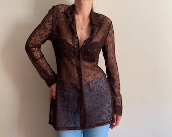 Vintage lace blouse, long sleeve lace top, see through blouse.