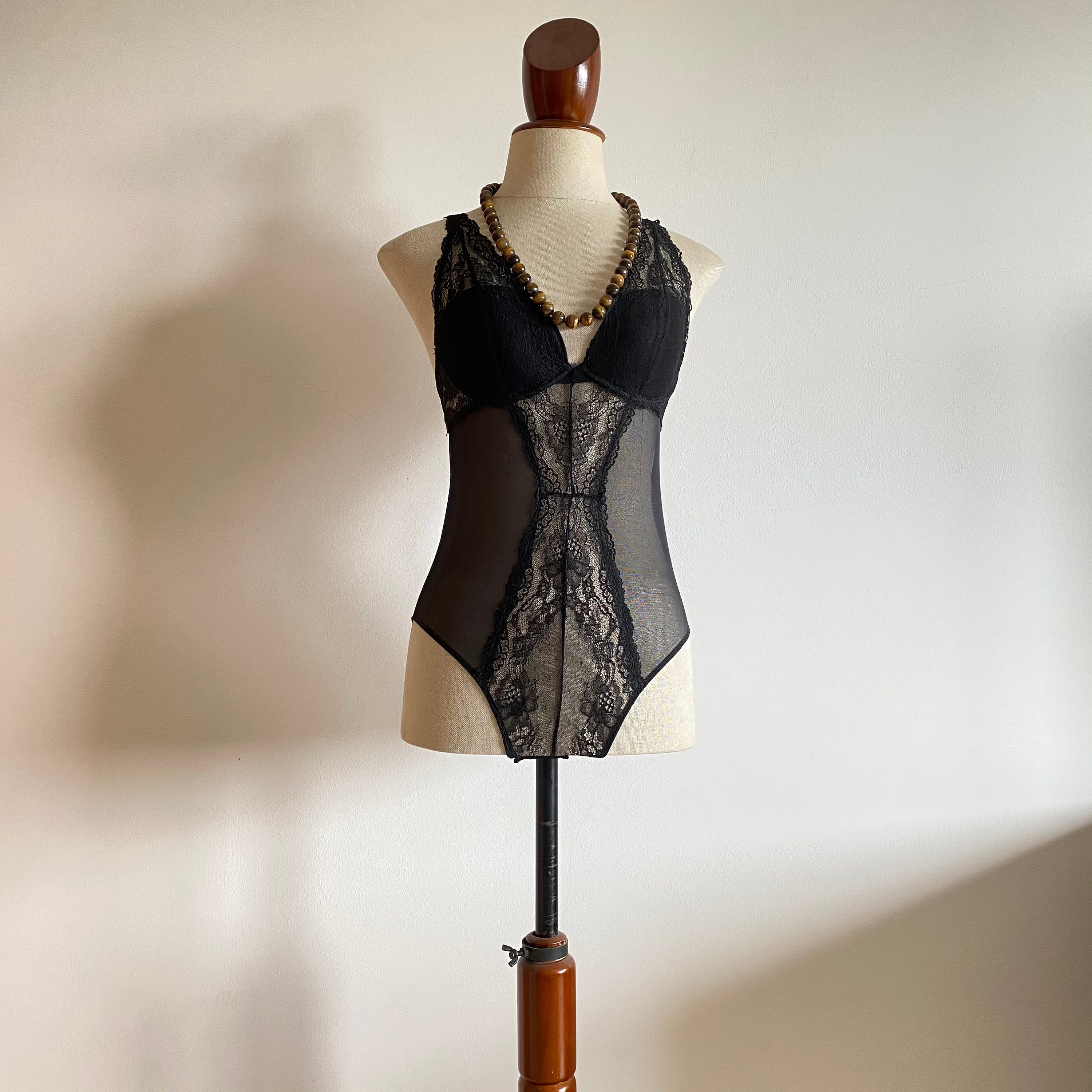 Vintage Black Corset Top., Lace Bodysuit.