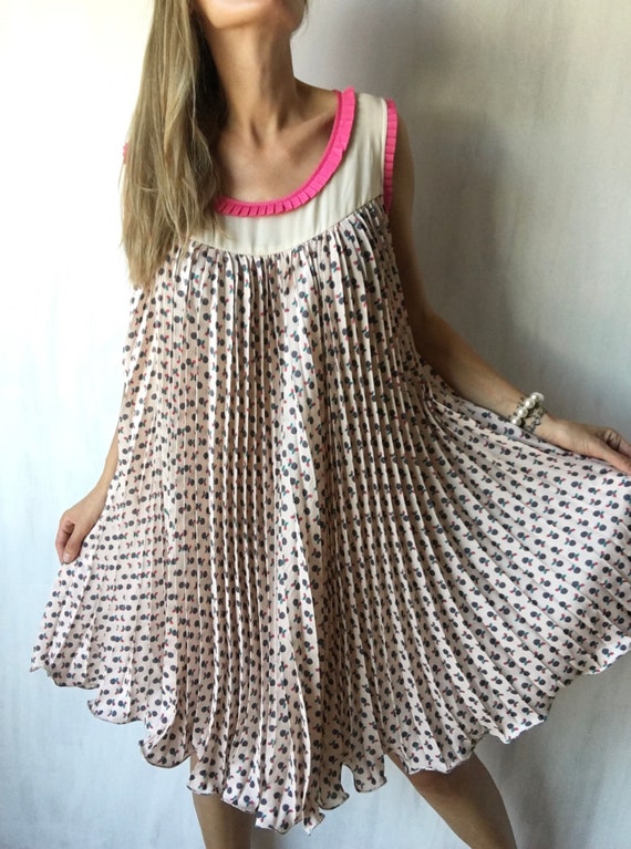 Vintage pleated dress, colorful loose fitted dress