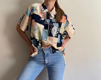 Vintage printed top, ladies shirt, oversized blouse.