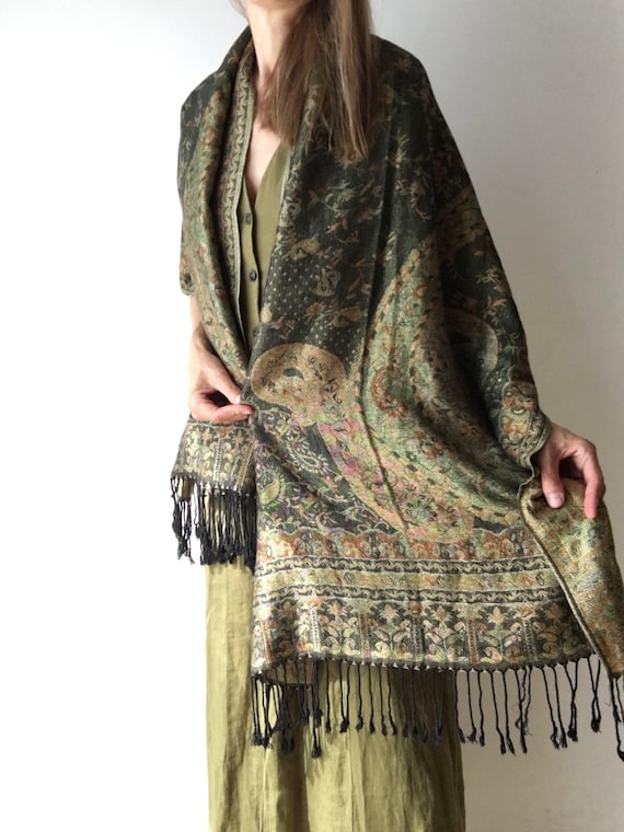 Vintage scarf for women, silk and pashmina shawl,