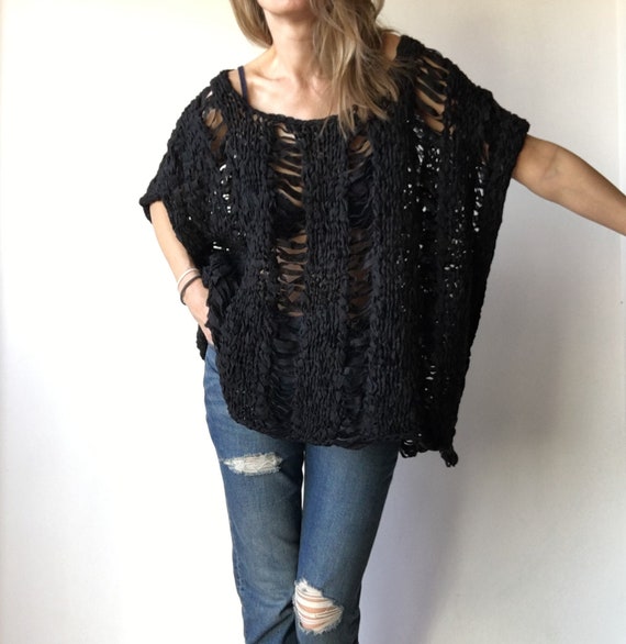 Vintage black knit, women jumper with holes, rare