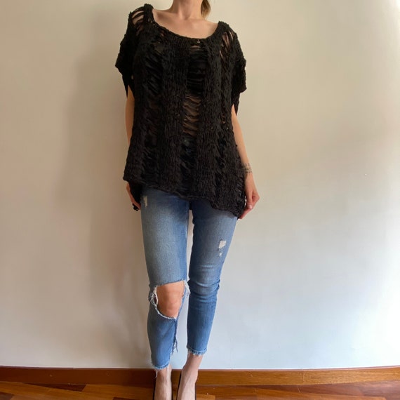 Vintage merino wool crochet black sweater, vest. - image 2