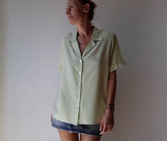 Vintage women's shirt, short sleeve 90's green shi