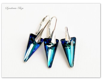 Silber Schmuckset Swarovski Spike Schmuck Bermuda Blue Schmuckset Tropfen Schmuck Türkises Schmuckset Sterlingsilber Schmuck Geometrisch