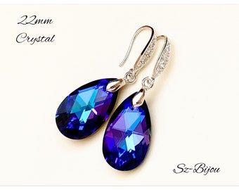 CZ Silver Swarovski Pear shaped Heliotrope earrings Dark Blue drop jewelry Violet Bridal jewellery multicolor bridesmaids jewlery gift