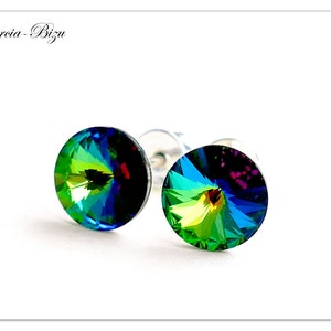 Silver Swarovski Rivoli 8mm Vitrail Medium ear studs Multicolor stud earrings Green round jewelry bridesmaids gift for her