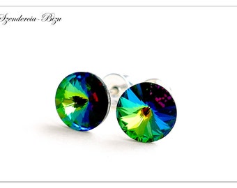 Silver Swarovski Rivoli 8mm Vitrail Medium ear studs Multicolor stud earrings Green round jewelry bridesmaids gift for her