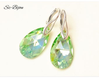 925 Silver earrings Swarovski Pear Peridot AB Bridal jewelry light green crystal earrings multicolor bridesmaids jewelry gift for her