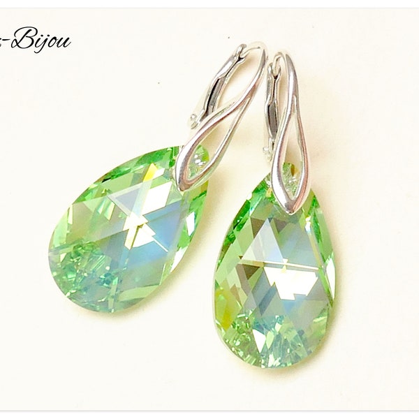 925 Silver earrings Swarovski Pear Peridot AB Bridal jewelry light green crystal earrings multicolor bridesmaids jewelry gift for her