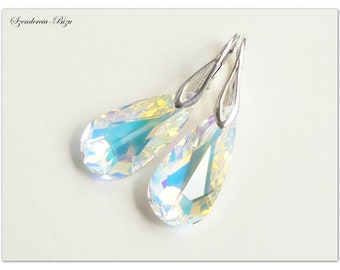 Silver Swarovski Teardrop Aurore Boreale earrings Multicolor dangle drop crystal earrings rainbow bridal jewelry set bridesmaid gift for her