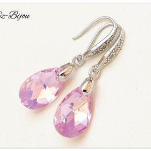 Silver earrings Swarovski Pear Light Rose AB jewelry CZ earrings drop jewelry pink earrings multicolor jewelry bridesmaid gift for her