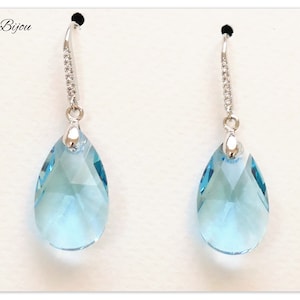 CZ Silver Swarovski Drop earrings Pear Shaped Aquamarine jewelry aqua blue teardrop jewellery bridal jewlery bridesmaids gift for her