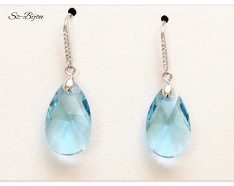 Pendientes colgantes de plata con circonitas cúbicas y cristales Swarovski, pendientes de plata de ley con forma de pera y aguamarina, joyería nupcial azul aguamarina, regalo para damas de honor