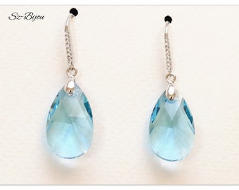 CZ Silver Swarovski Drop earrings Pear Shaped Aquamarine jewelry aqua blue teardrop jewellery bridal jewlery bridesmaids gift for her