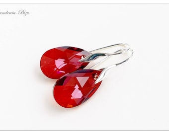 Silver earrings, Swarovski Pear-shaped Red Magma, drop earrings, Pear earrings, Red earrings, Sterlingsilver earrngs, Bridal earrings