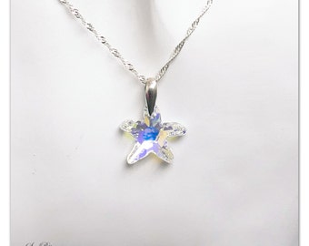 Silver pendant Swarovski Starfish Aurore Boreale necklace multicolor jewelry Crystal pendant Bridal necklace bridesmaids gift for her