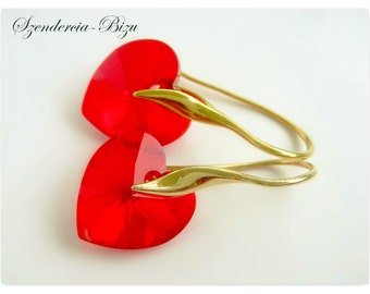Gold plated earrings Swarovski Heart Light Siam jewelry Crystal earrings Red jewellery Wedding jewelry bridesmaids gift for her
