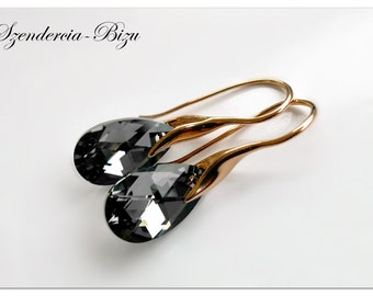 18K Rose Gold plated silver Swarovski Pear Shaped Silver Night earrings Black crystal drop bridal shower jewelry bridesmaid gift for her