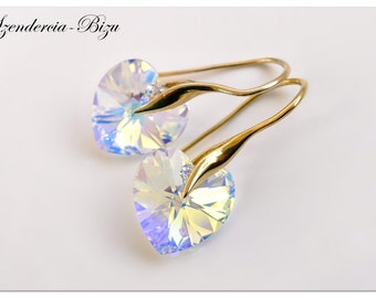 Gold plated Silver earrings Swarovski Heart Aurore Boreale jewelry multicolor earrings Crystal jewelry Gold earrings Bridal jewelry gift