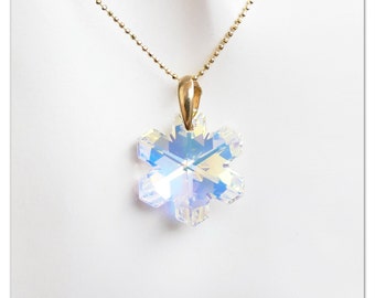 24K Gold plated Silver pendant Swarovski Snowflake necklace Aurore Boreale jewelry Sterlingsilver pendant multicolor necklace gift for her