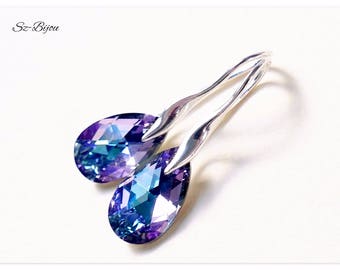 Silver earrings Swarovski Pear Vitrail Light jewelry Violet earrings purple jewellery multicolor dangle drop earrings bridal jewelry gift