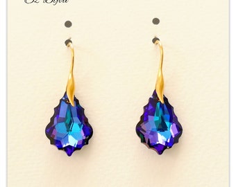 Gold plated earrings Swarovski Baroque Heliotrope jewelry Dark blue earrings purple jewelry Gold earrings multicolor jewelry gift for her