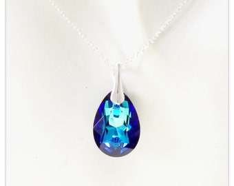 Silver pendant Swarovski Pear Cut Bermuda Blue necklace multicolor drop jewelry turquoise crystal bridal jewellery bridesmaids gift for her