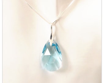 Silver Swarovski Drop necklace Pear Shaped Aquamarine pendant Light blue bridal jewelry aqua blue bridesmaid jewellery gift for her